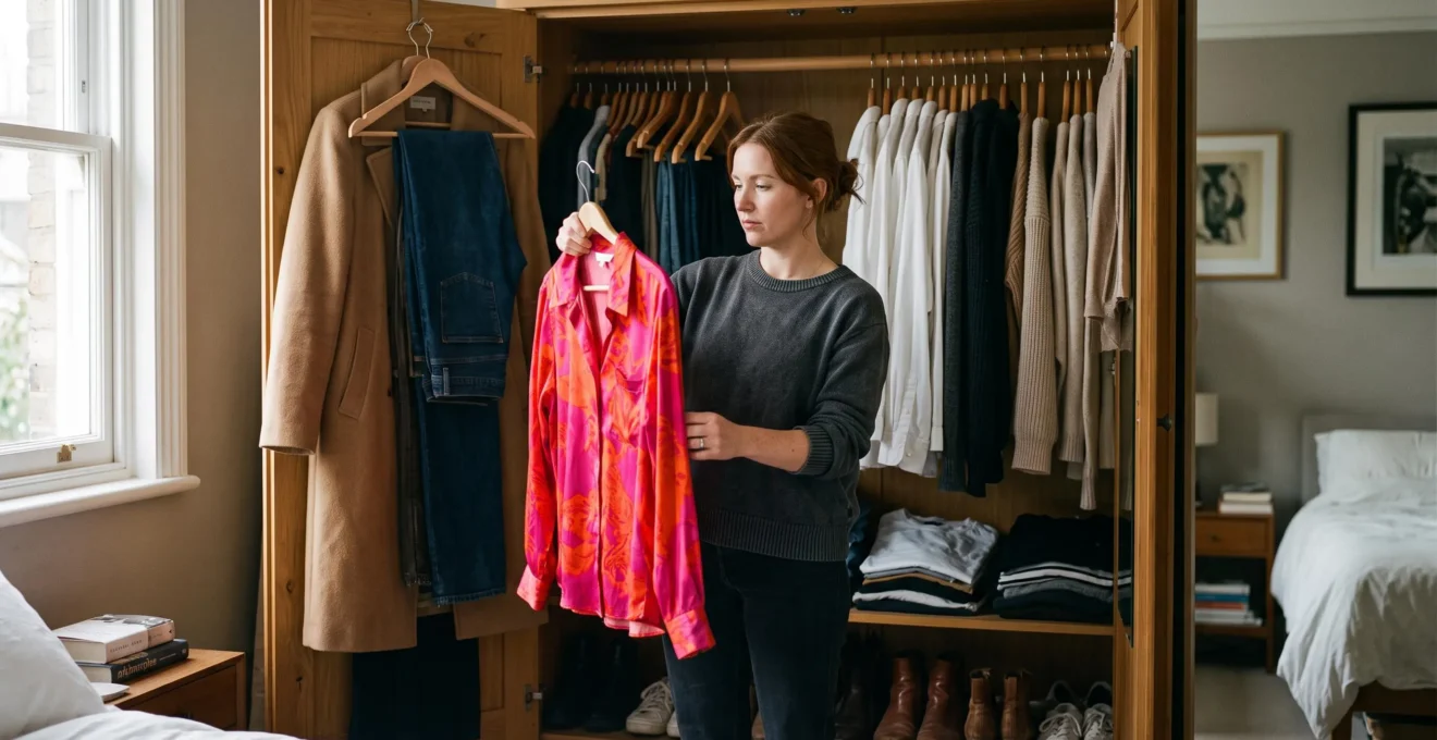 A woman holds a brightly colored trend garment in front of her open wardrobe, comparing it with the neutral clothes hanging around it.