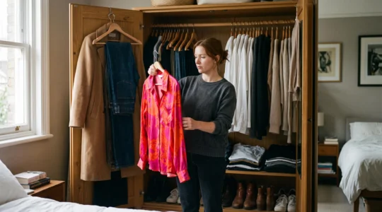 A woman holds a brightly colored trend garment in front of her open wardrobe, comparing it with the neutral clothes hanging around it.