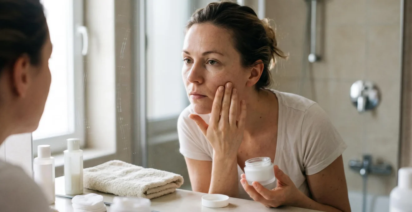 A woman examines the texture of her cheek skin in a bathroom mirror in natural morning light.