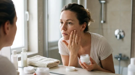 A woman examines the texture of her cheek skin in a bathroom mirror in natural morning light.
