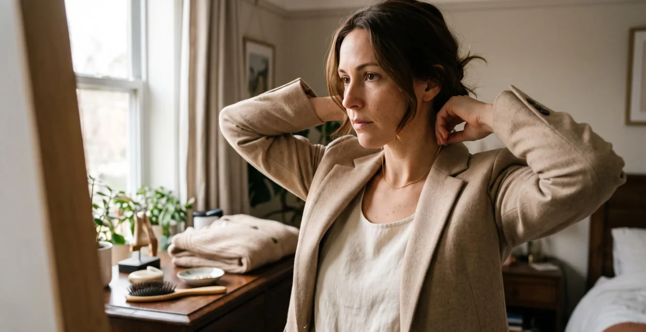 A woman fastens a fine gold chain necklace at her neck while getting dressed in natural window light.