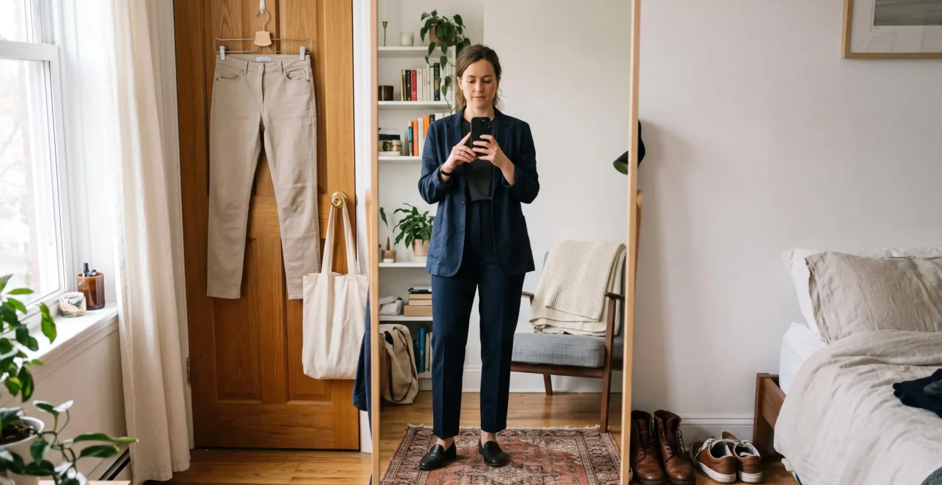 A woman photographs her full outfit in a mirror to check how her silhouette reads with her shoes.