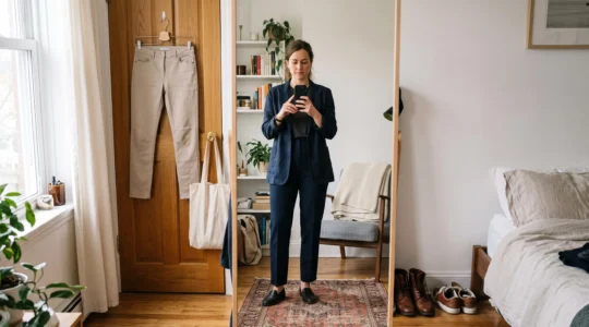 A woman photographs her full outfit in a mirror to check how her silhouette reads with her shoes.