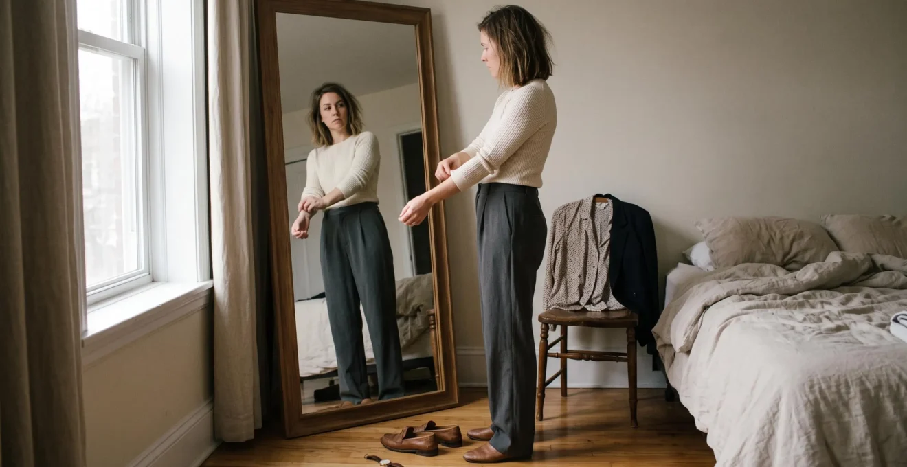 A woman adjusting her sleeve in front of a bedroom mirror during a quick morning dressing routine.