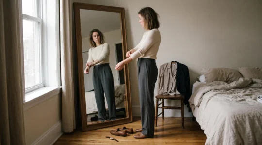 A woman adjusting her sleeve in front of a bedroom mirror during a quick morning dressing routine.
