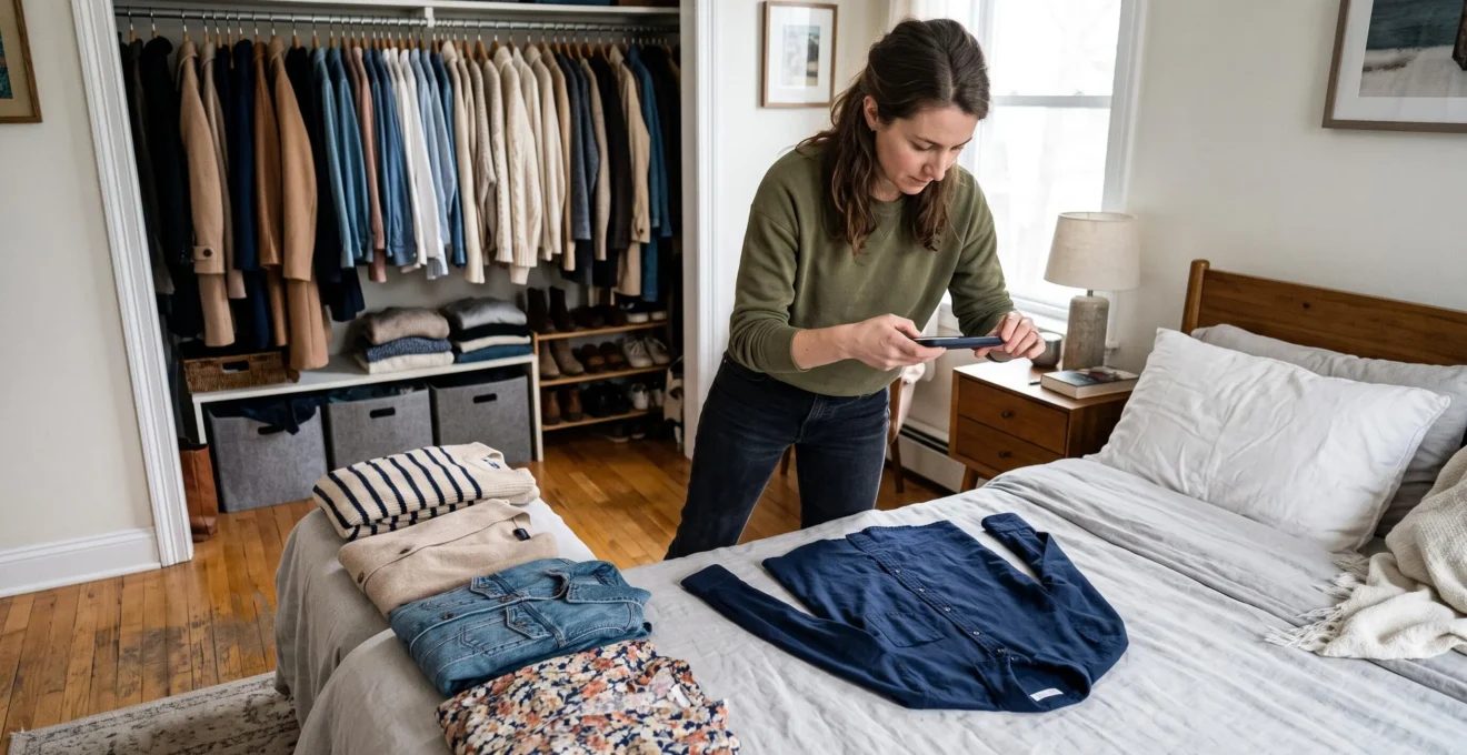 A woman photographs a garment laid flat on a bed with her smartphone, building a wardrobe photo catalog in her bedroom.