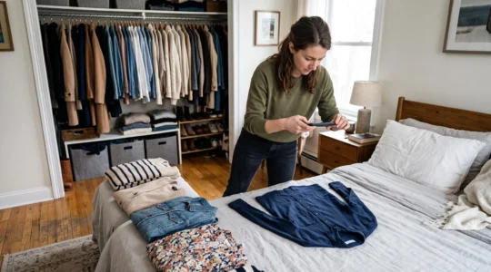 A woman photographs a garment laid flat on a bed with her smartphone, building a wardrobe photo catalog in her bedroom.