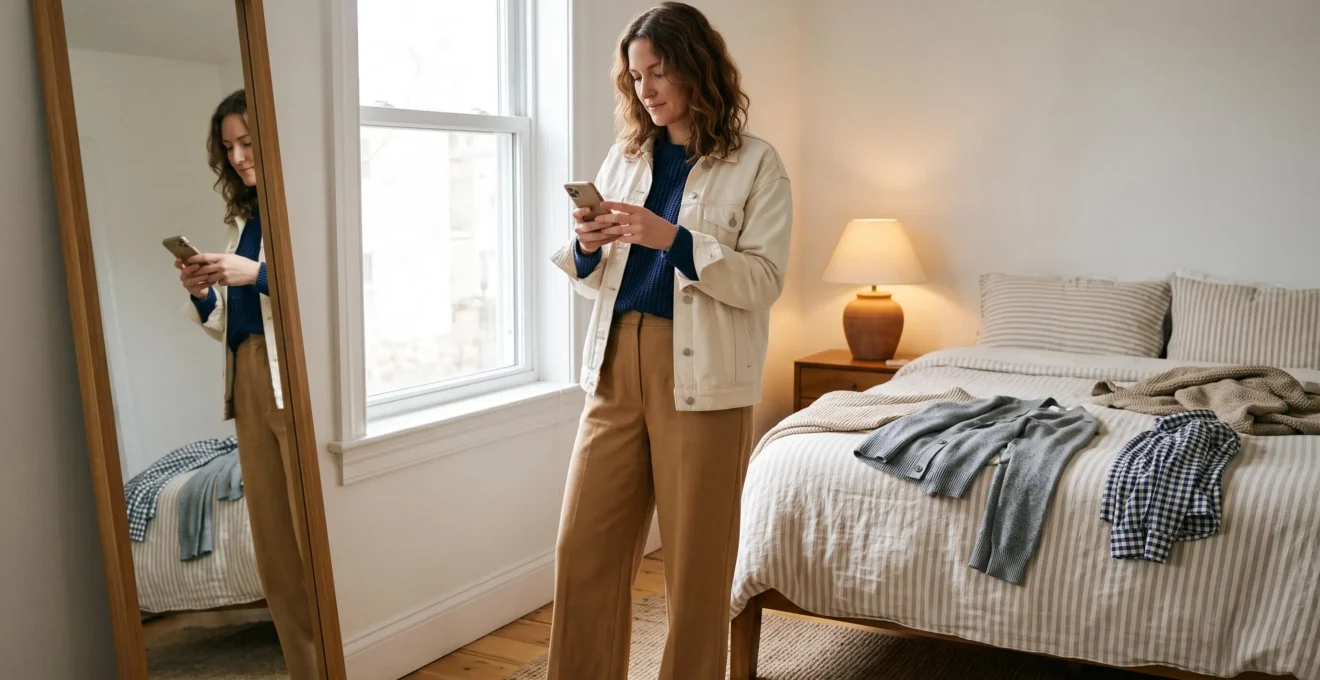 A woman photographs her camel, navy and cream outfit with a smartphone next to a bright window while a mirror reflects the same combination.