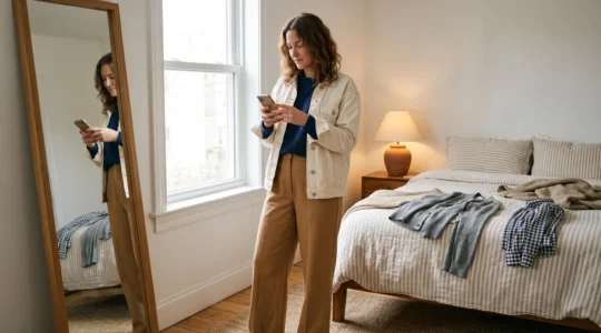 A woman photographs her camel, navy and cream outfit with a smartphone next to a bright window while a mirror reflects the same combination.