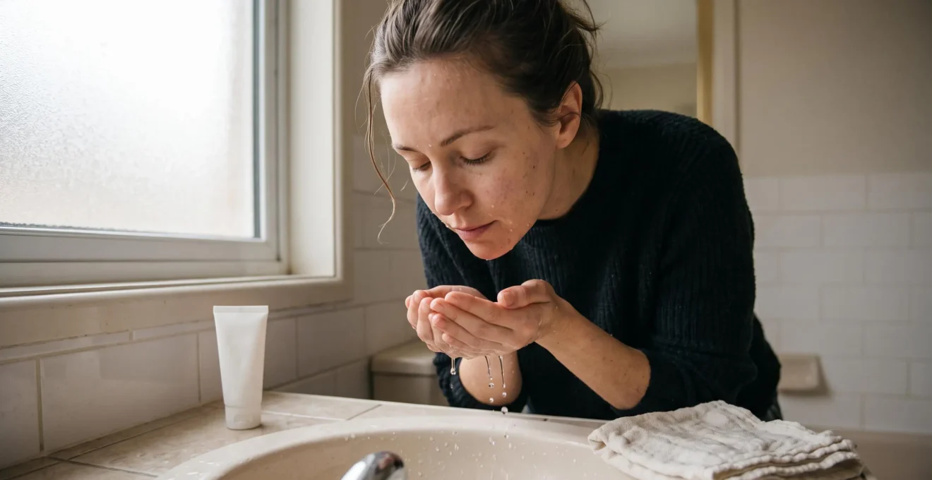 A woman rinses her face with lukewarm water over a bathroom sink, with a cleanser tube and towel nearby.