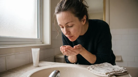 A woman rinses her face with lukewarm water over a bathroom sink, with a cleanser tube and towel nearby.
