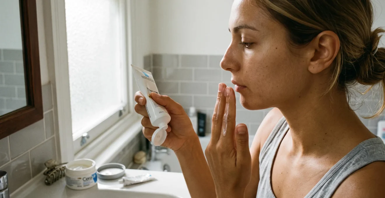 A woman squeezing a stripe of fluid sunscreen onto two fingers while standing at a bathroom mirror in the morning.