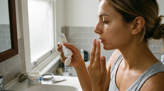 A woman squeezing a stripe of fluid sunscreen onto two fingers while standing at a bathroom mirror in the morning.
